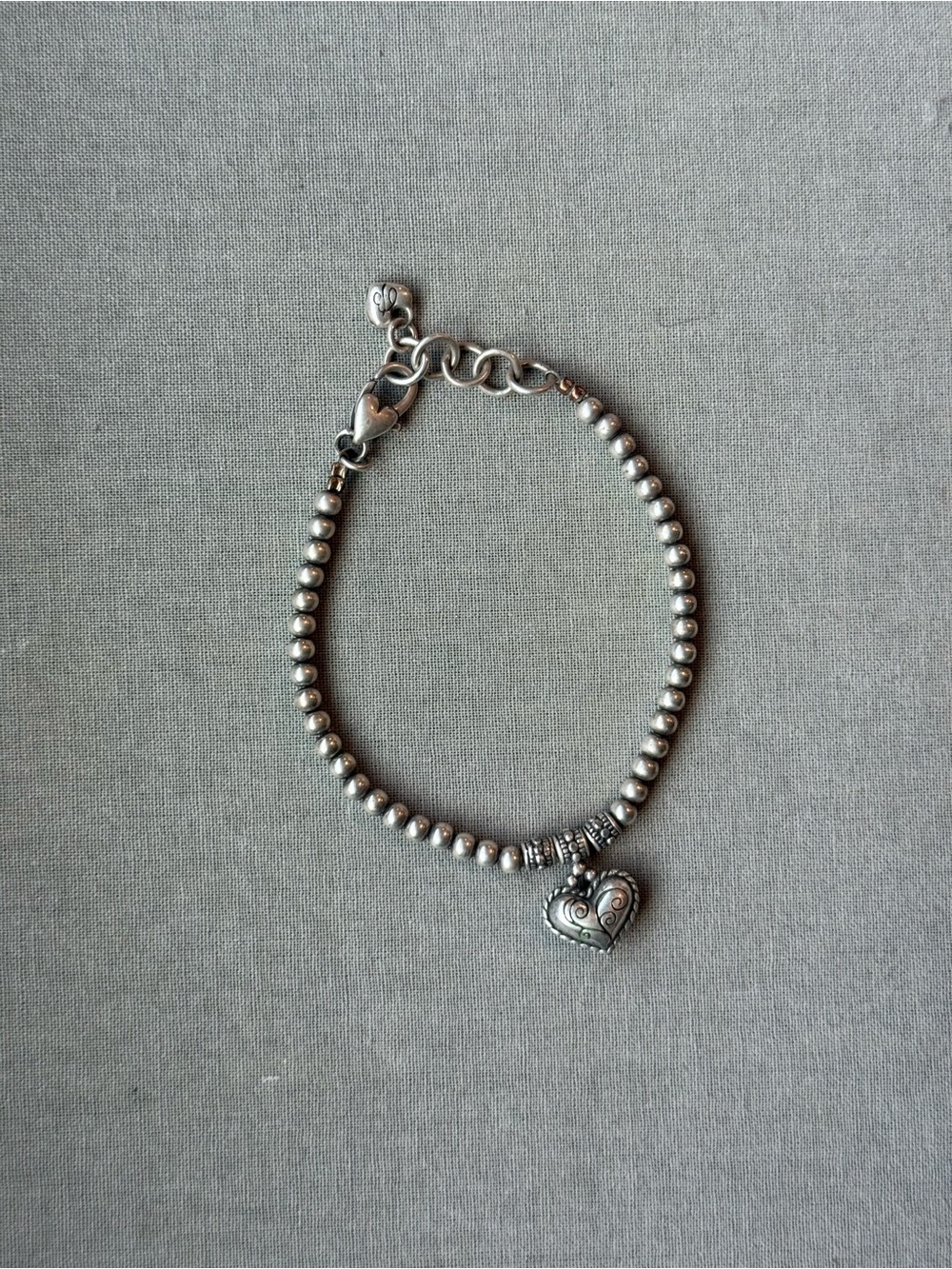 Brighton Silver Ball Bead Bracelet Puffy Heart Charm Adjustable Jewelry